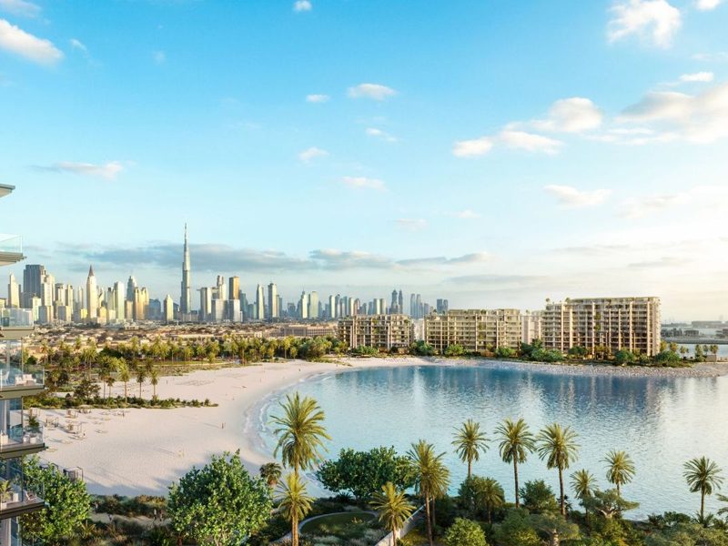 Dubai skyline and lakeside community