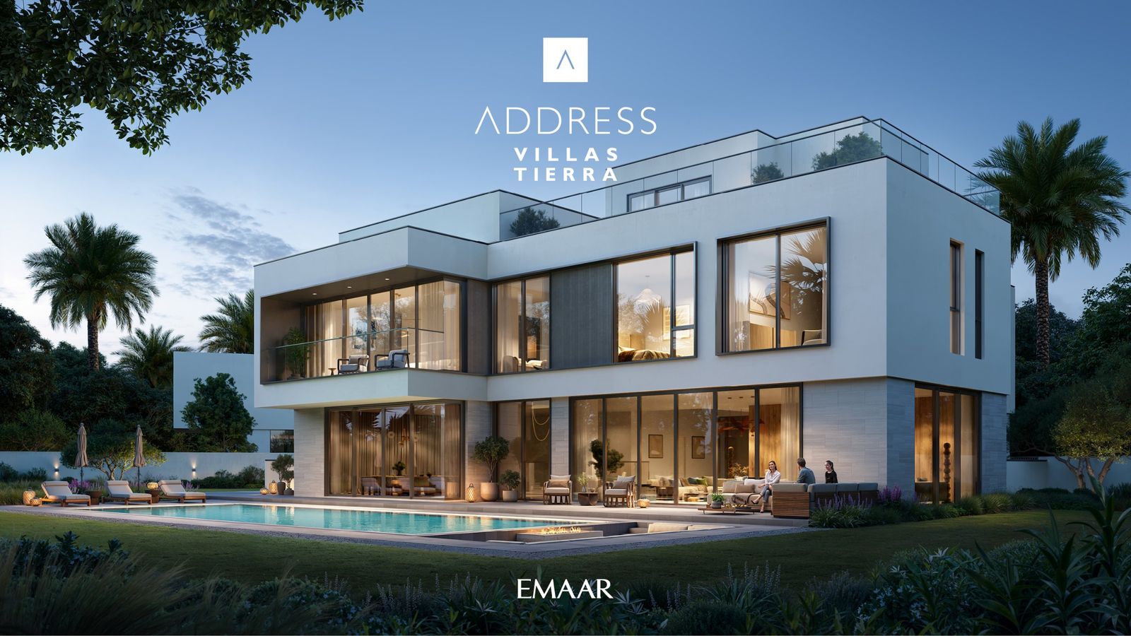 Address Villas – Tierra villa at dusk with a pool, terrace and lit living areas