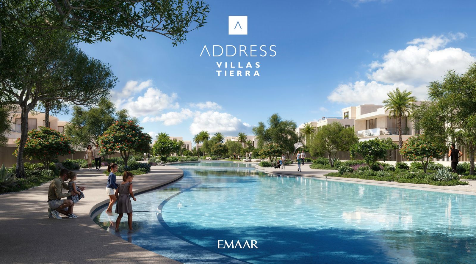 Family beside the lagoon with villas and landscaped paths at Address Villas – Tierra