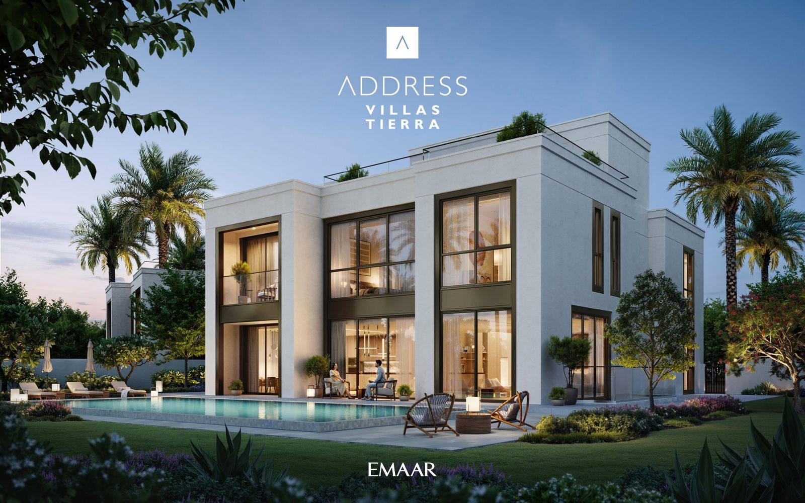 Address Villas – Tierra villa with a pool and seating area at dusk