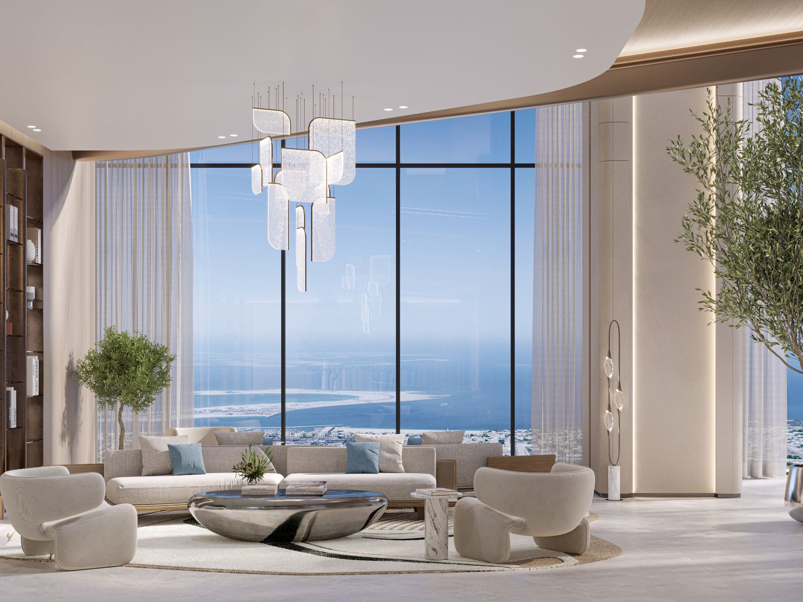 Double-height arrival lobby lounge with sea views at Berkeley Tower