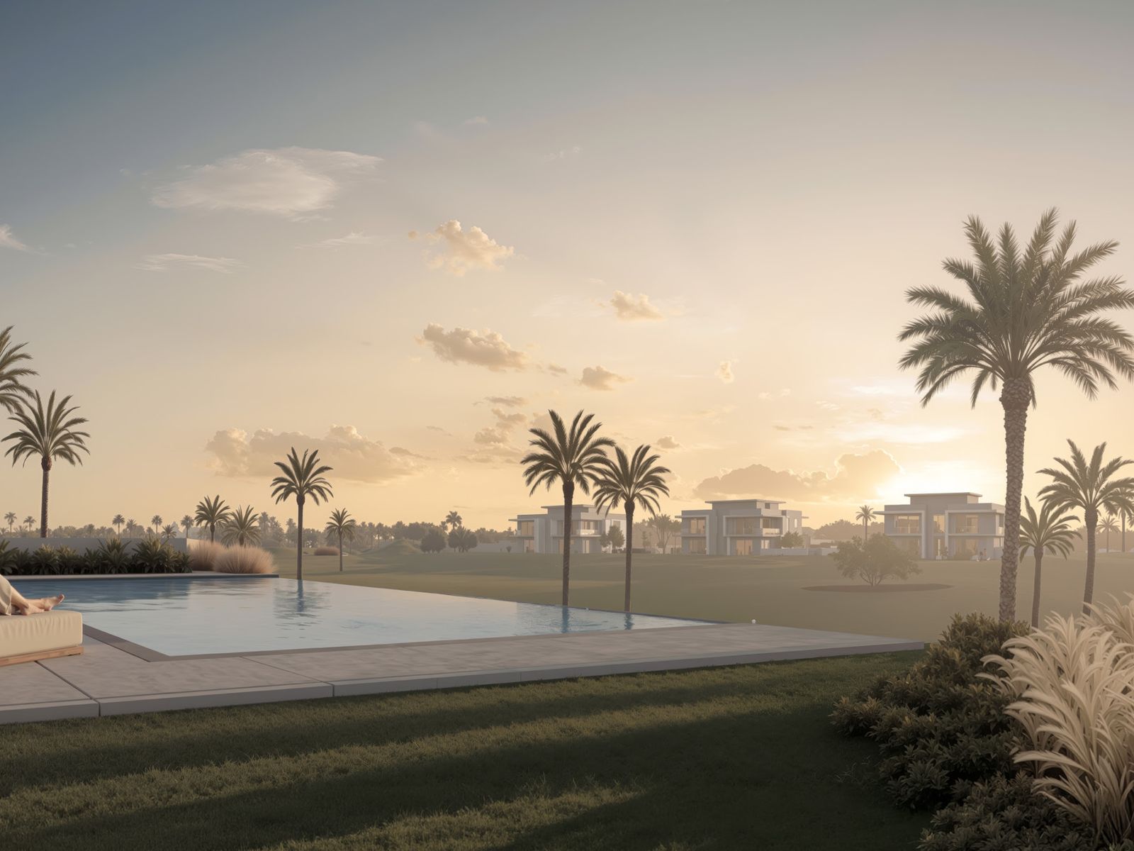 Couple relaxing beside a private pool at sunset overlooking the golf course at Cedarwood Estates South