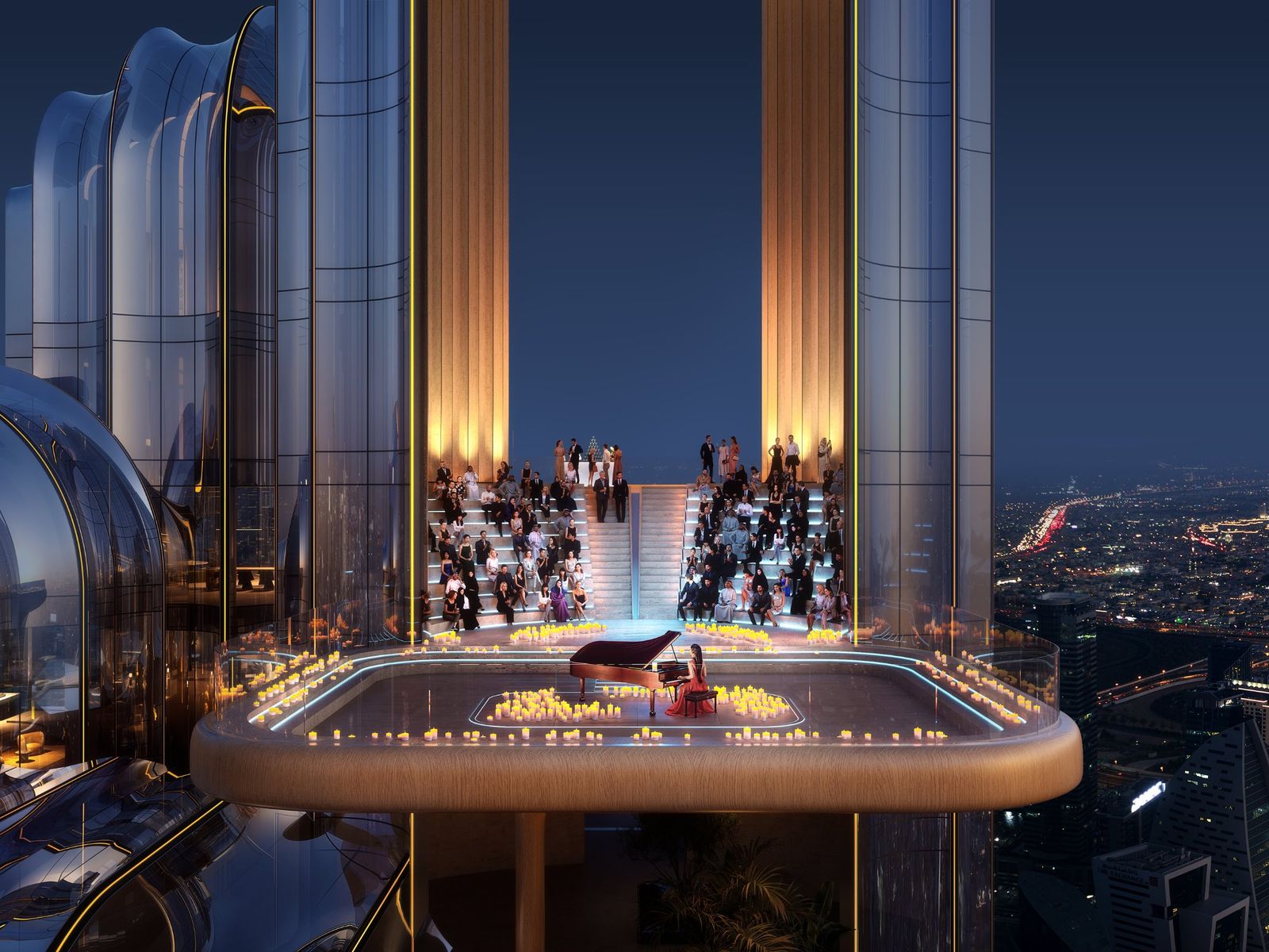 LUMENA sky terrace and amphitheatre above Business Bay at night