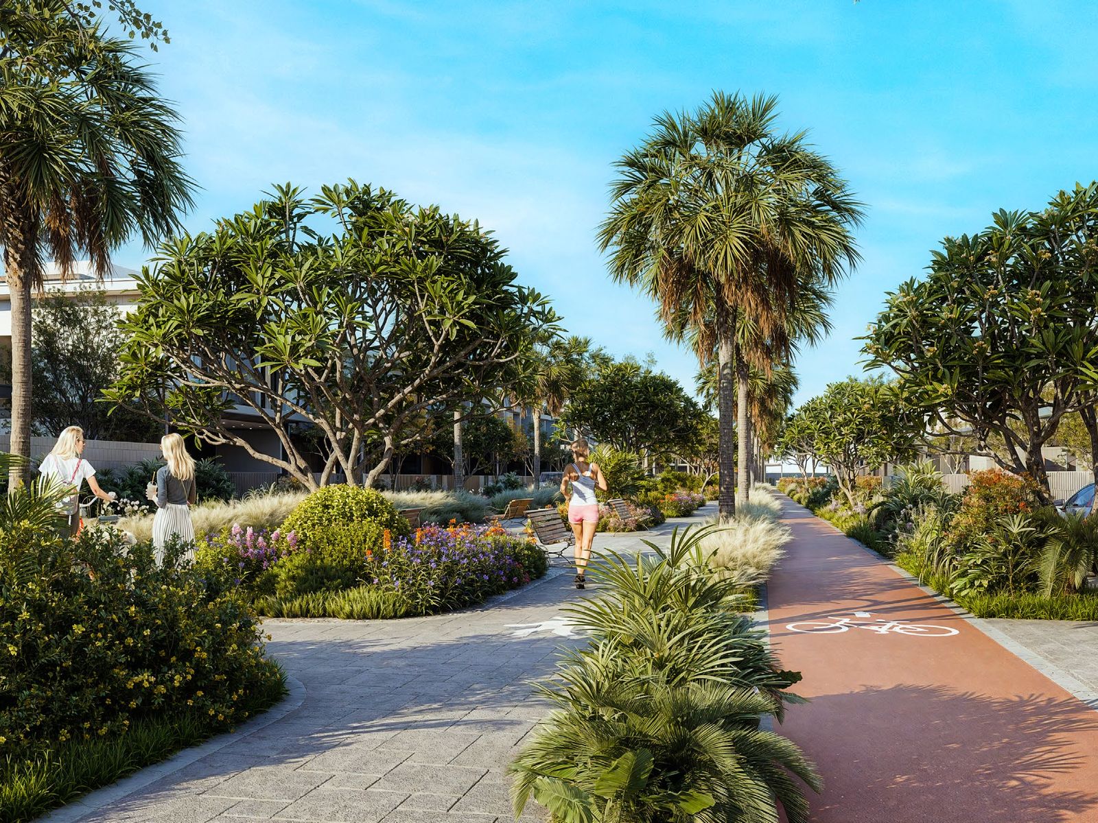 Cycling and jogging track lined with palms in Pinewood Village