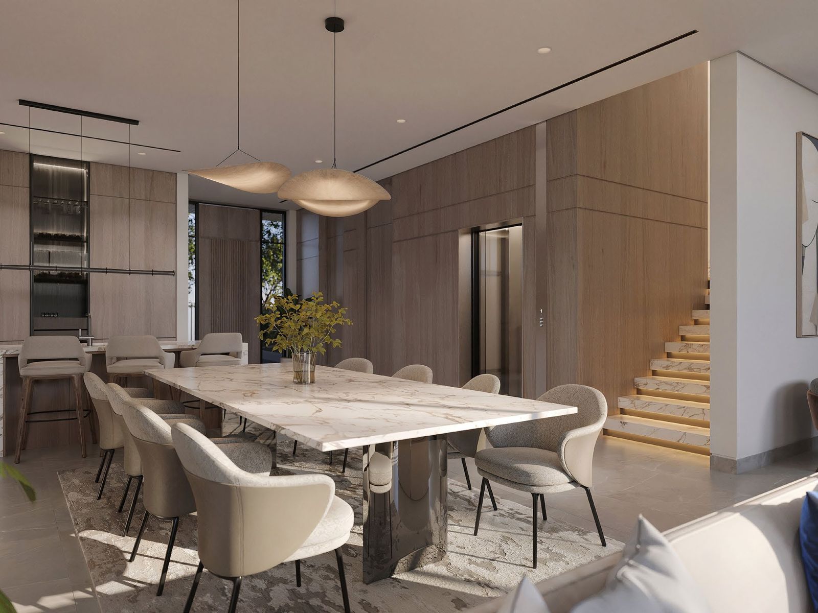 Dining area with marble table inside a Pinewood Estate Home