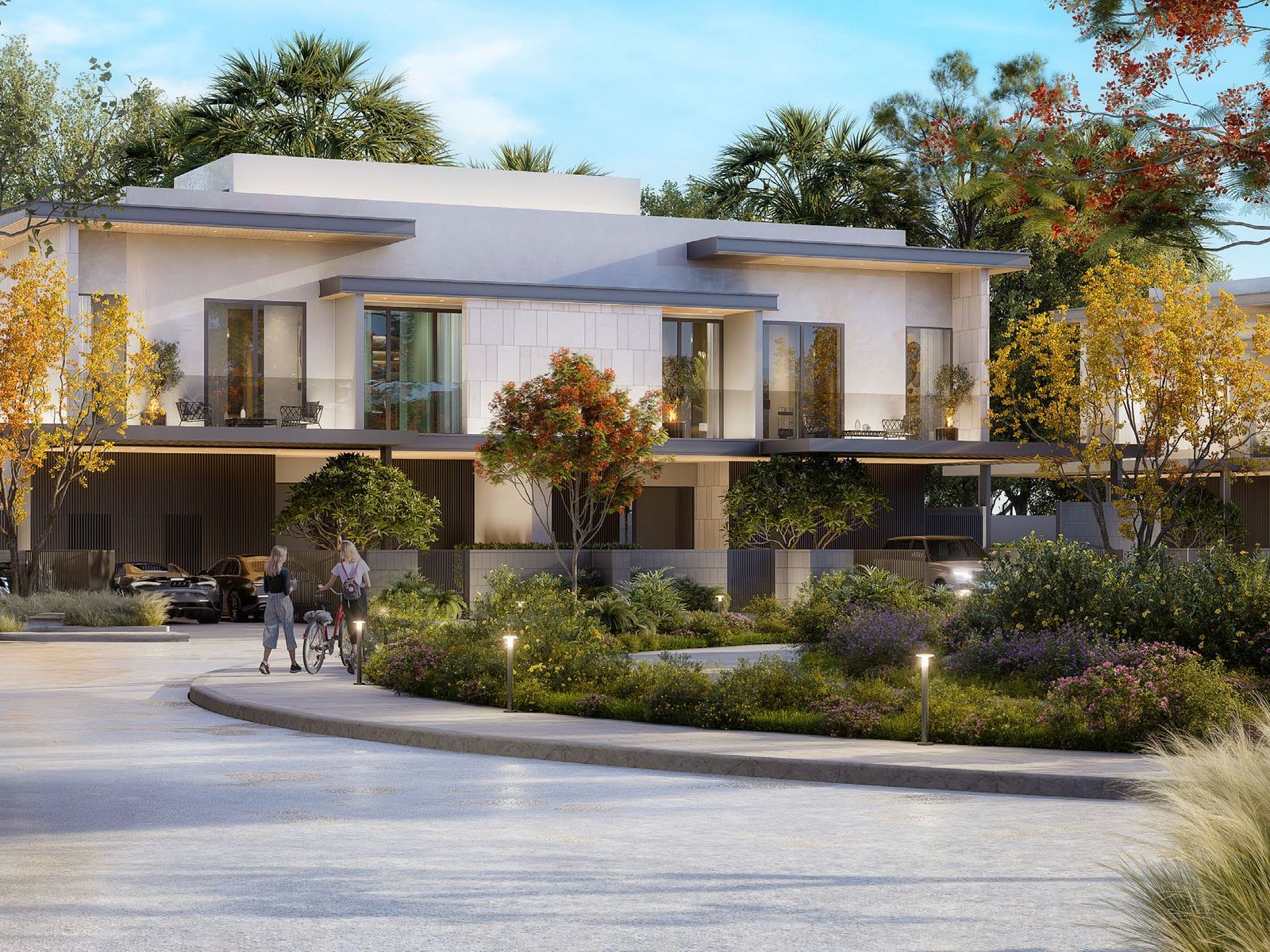 Pinewood Estate Homes and landscaped courtyard in Jumeirah Golf Estates, Dubai