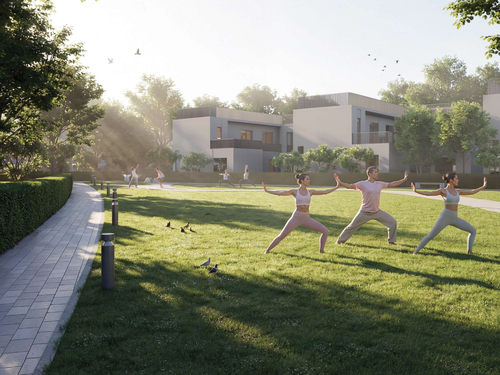 Open lawn used for outdoor wellness classes at Sobha Sanctuary