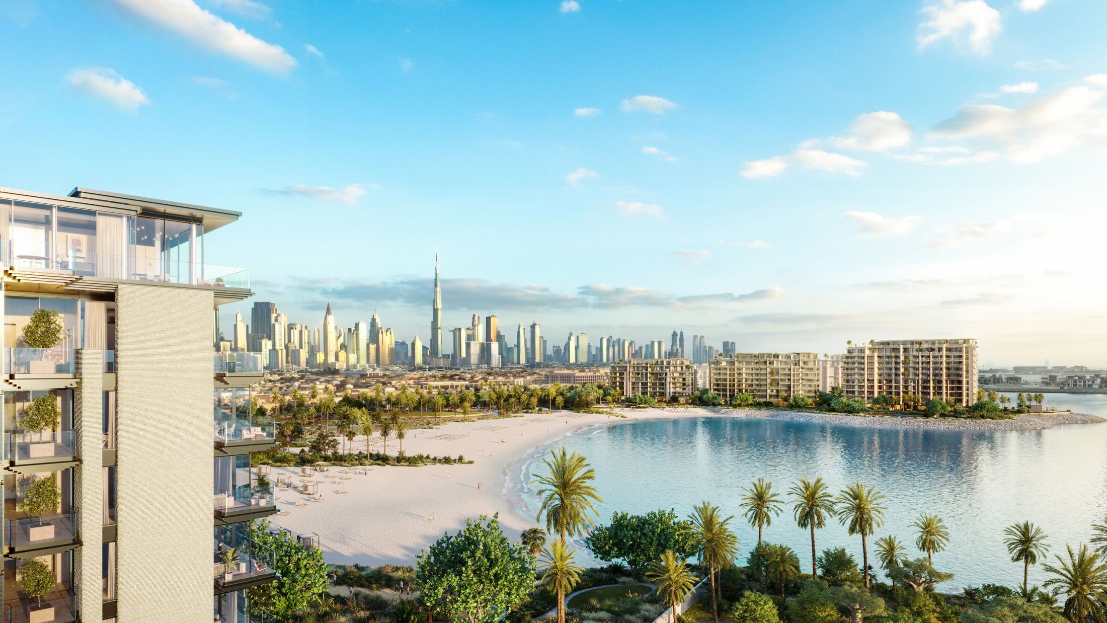 Aerial view of Solaya's beach, the buildings and the Dubai skyline