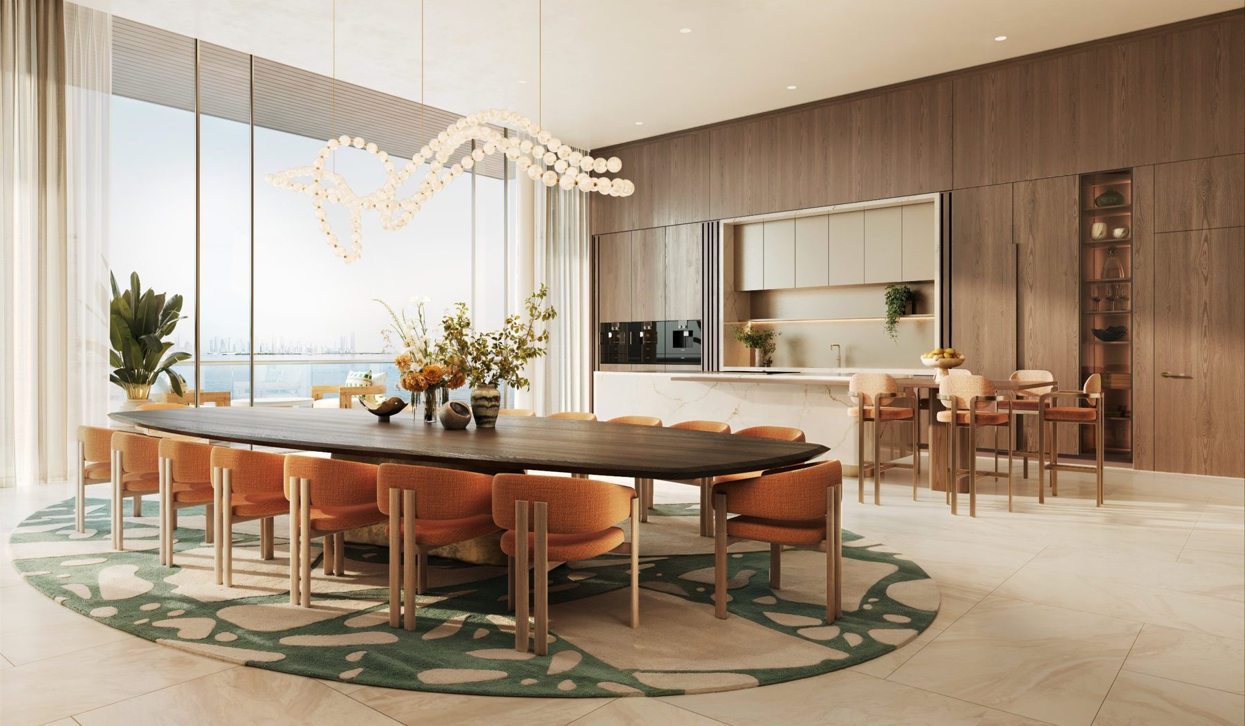 Dining room and kitchen with sea views