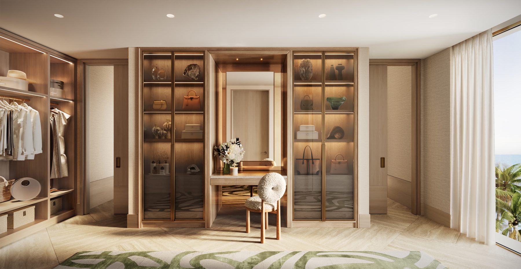 Dressing room with illuminated display cabinets