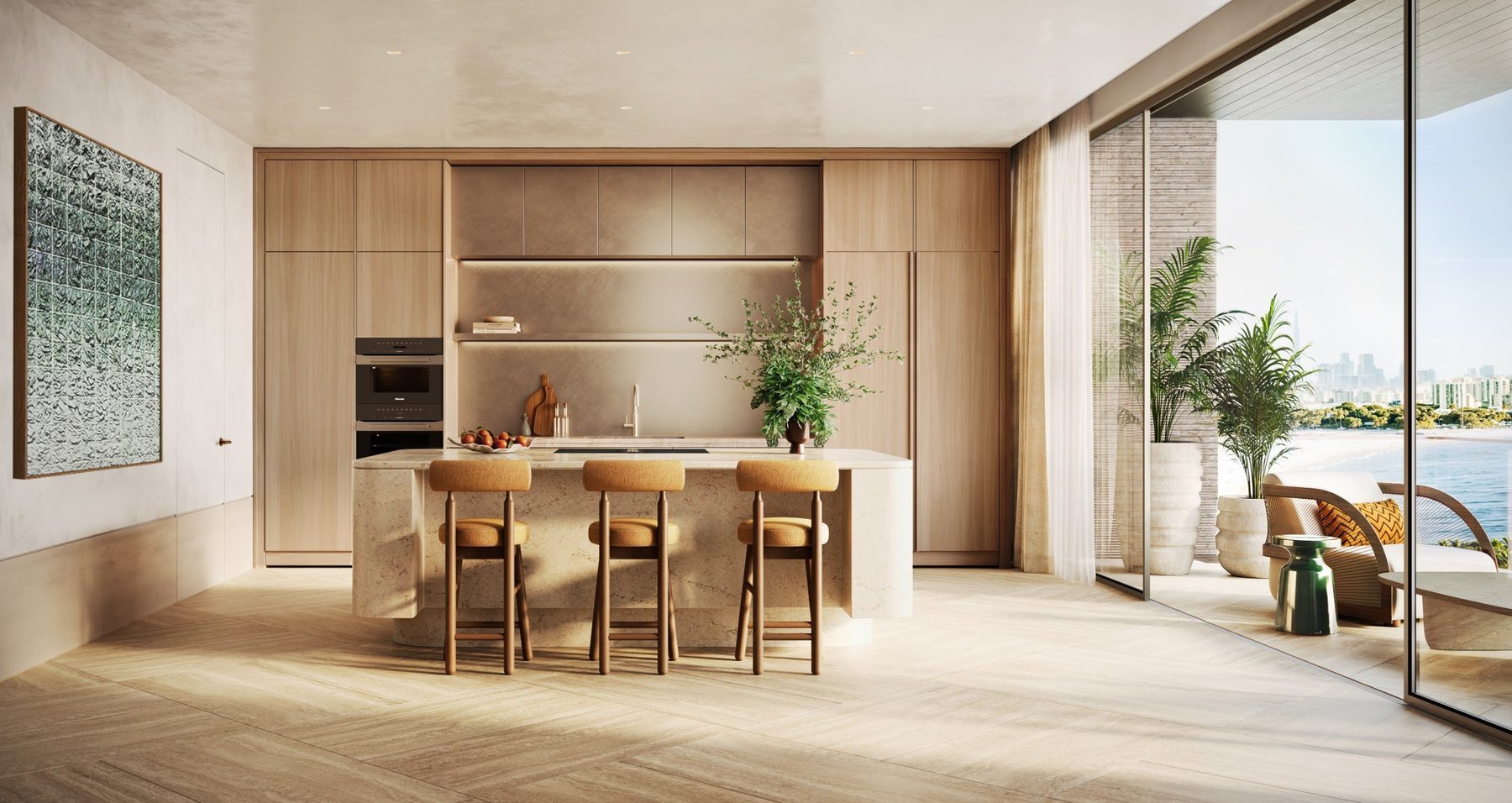 Kitchen and island opening to the balcony