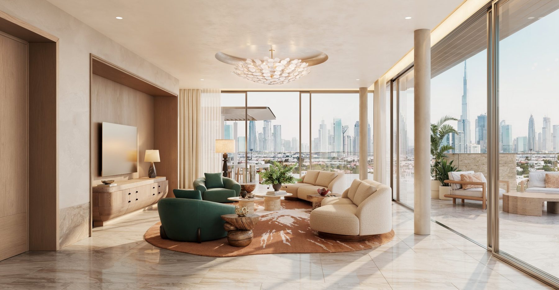 Penthouse living room opening to a terrace, with views of Burj Khalifa