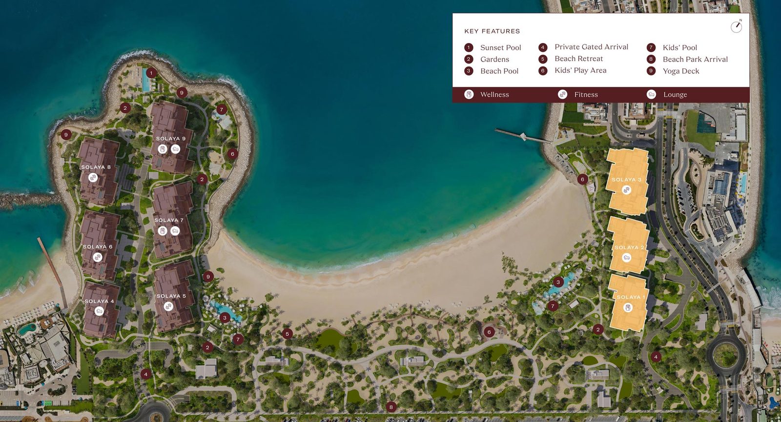 Aerial masterplan of Solaya showing the beachfront buildings, pools, gardens and Beach Park