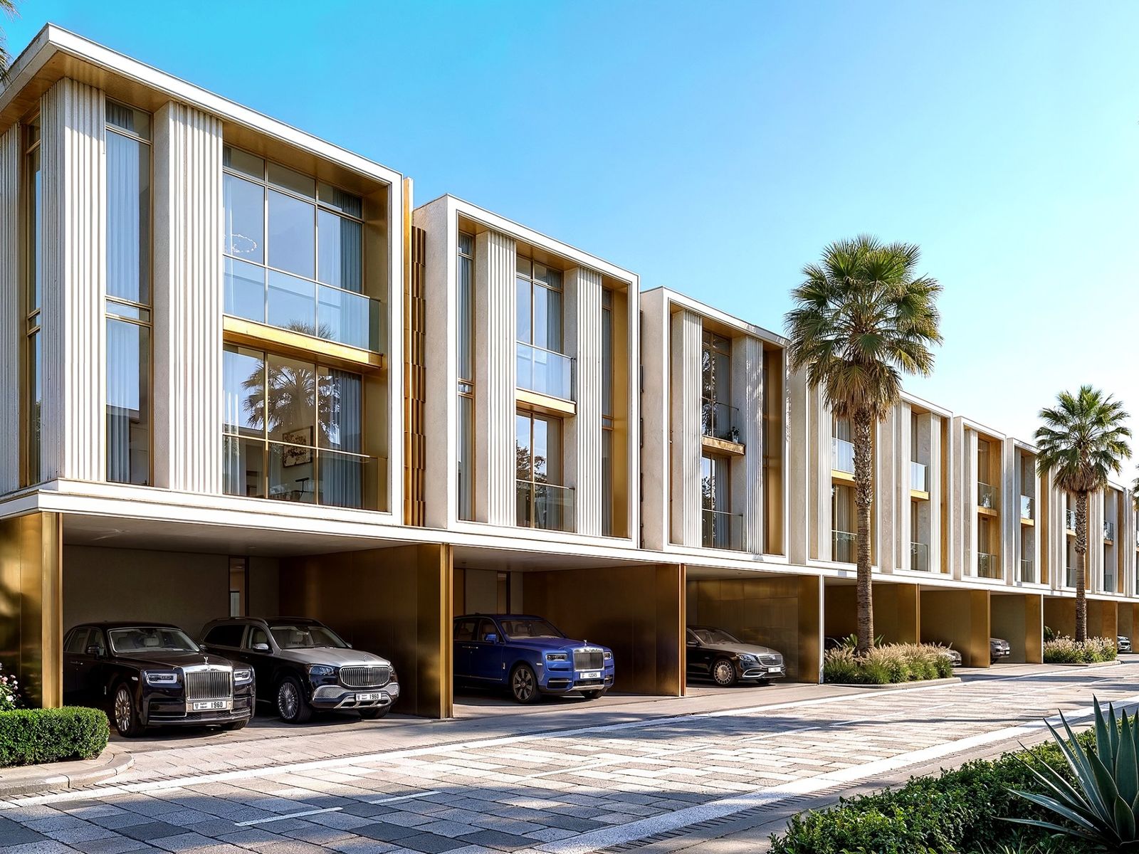 Tilal Binghatti townhouses with covered parking and palm trees along the street