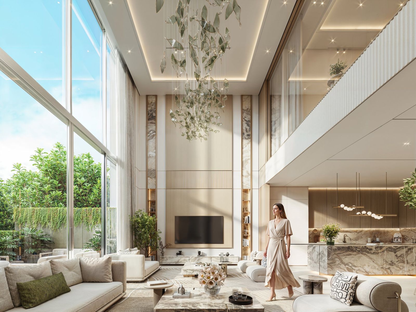 Double-height living room with a glass chandelier and full-height windows at Tilal Binghatti