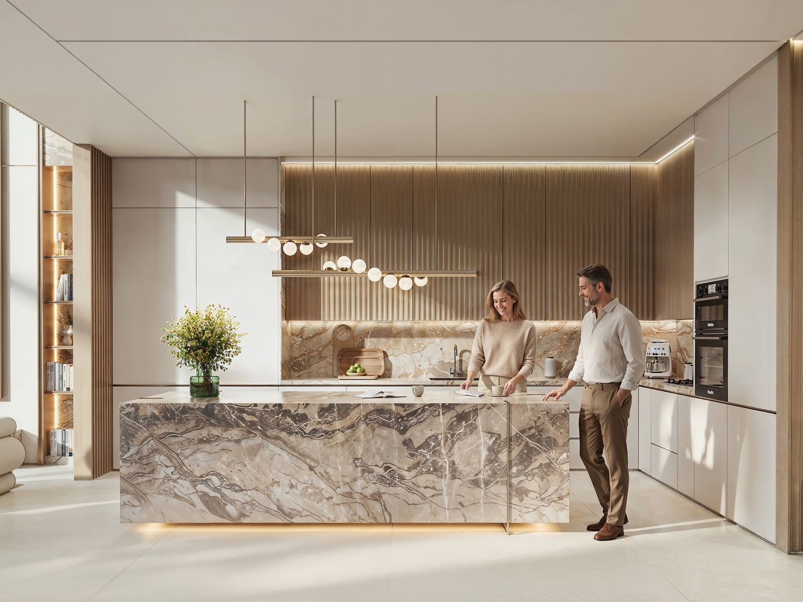 Marble kitchen island and fluted wood cabinetry in a Tilal Binghatti townhouse