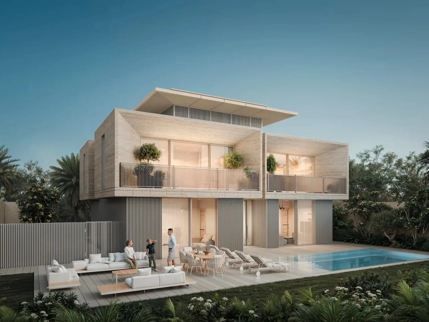 A modern Dubai villa with a terrace and swimming pool at dusk