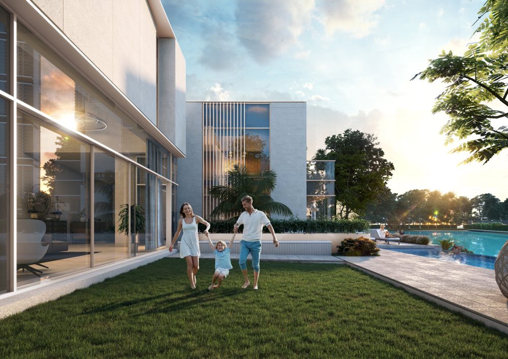 Artist’s impression of a family in the garden of a new villa